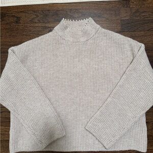 H&M Women's Ribbed Mock Neck Sweater with pearls in Light Beige